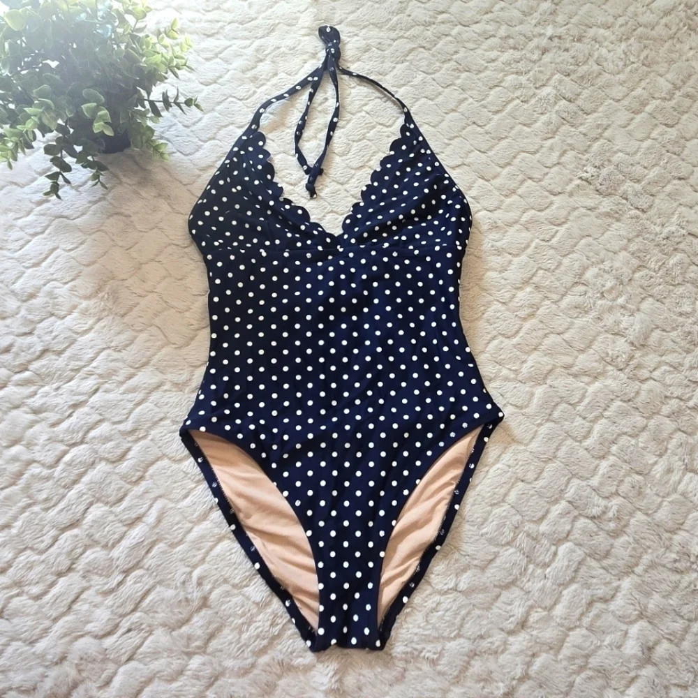 J. Crew Navy Blue Polka-Dot Scalloped Plunge V-Neck One Piece Swimsuit, XS